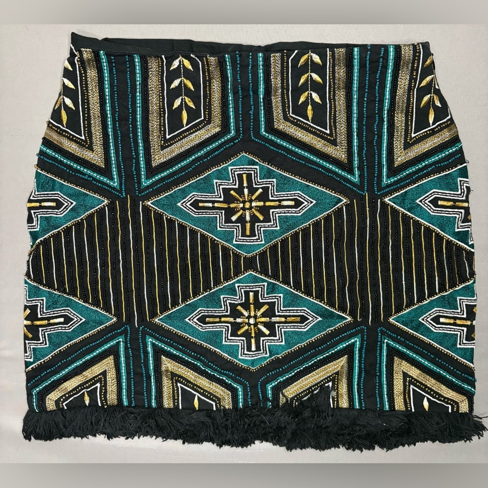 H&M Beaded Black Teal Gold Embroidered Raw Tassel Hem Zip Mini Skirt